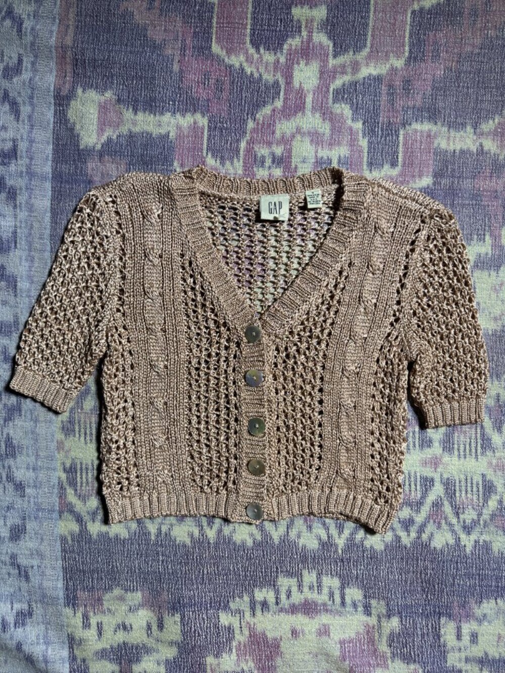 Vintage GAP Women Crochet Open Knit Short Sleeve Crop Cardigan Metallic Beige S - Picture 2 of 12
